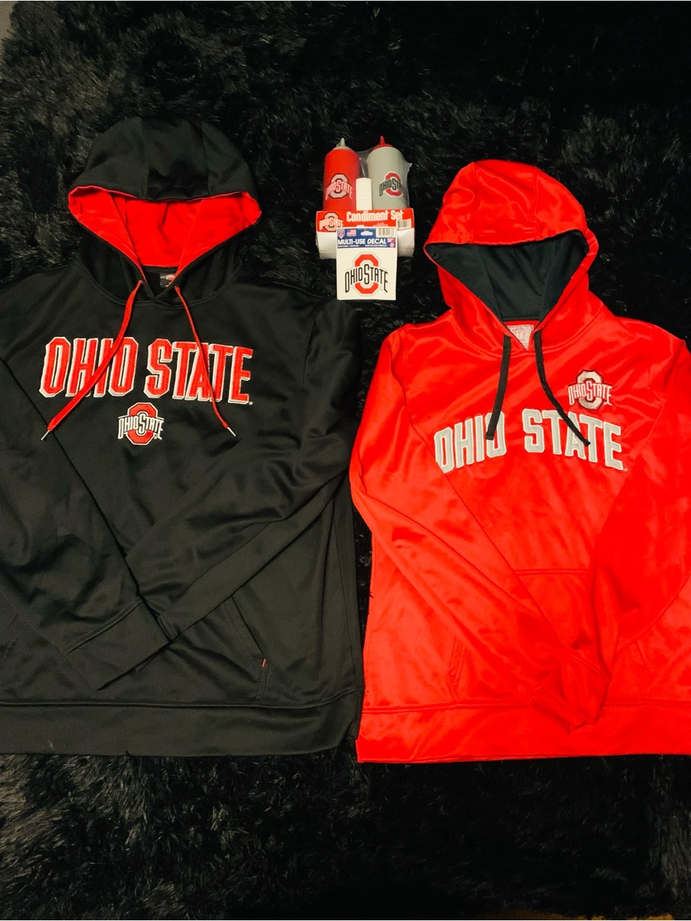 Ohio State Merchandise 2 Hoodies, Condiment Bottles, And a Sticker(Hoodies L&XL)